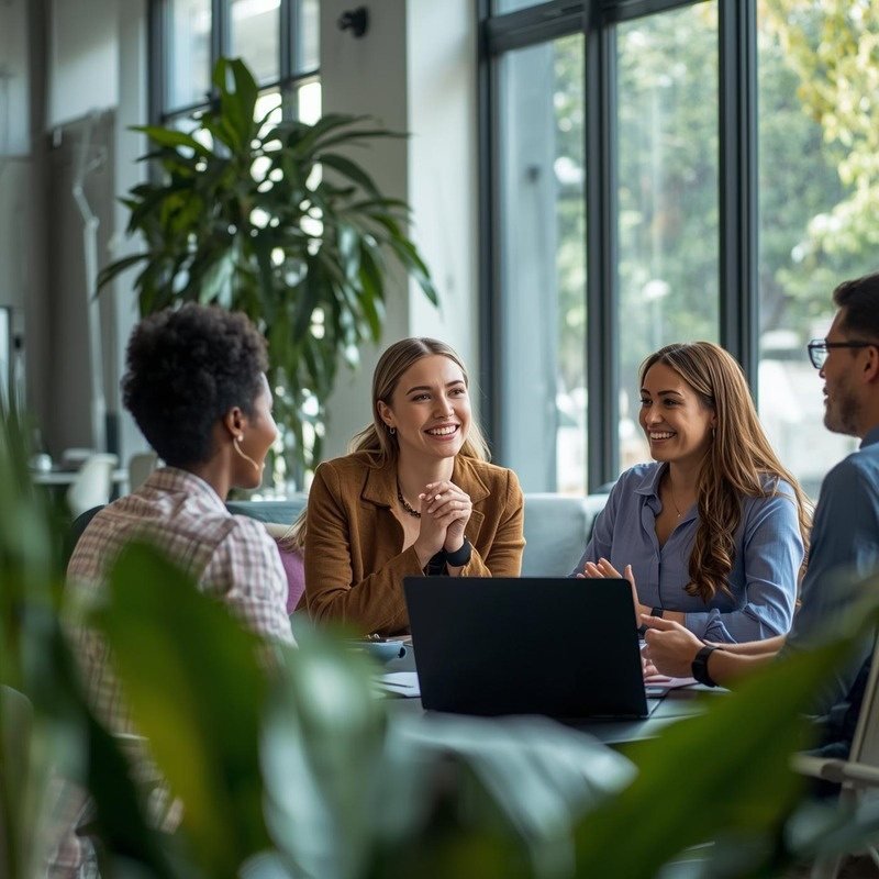 Colaboradores conversando y sonriendo alrededor de una mesa de trabajo