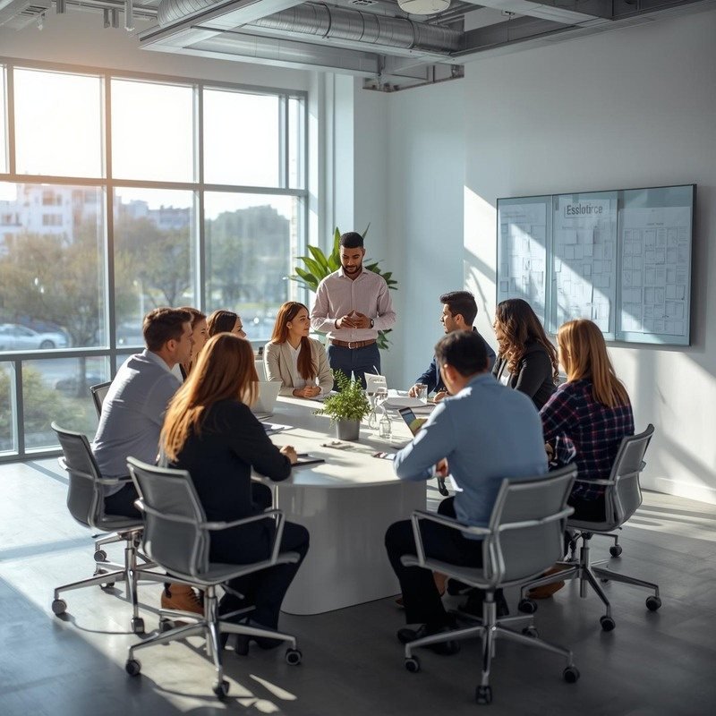 Equipo de trabajo reunido en una sala luminosa
